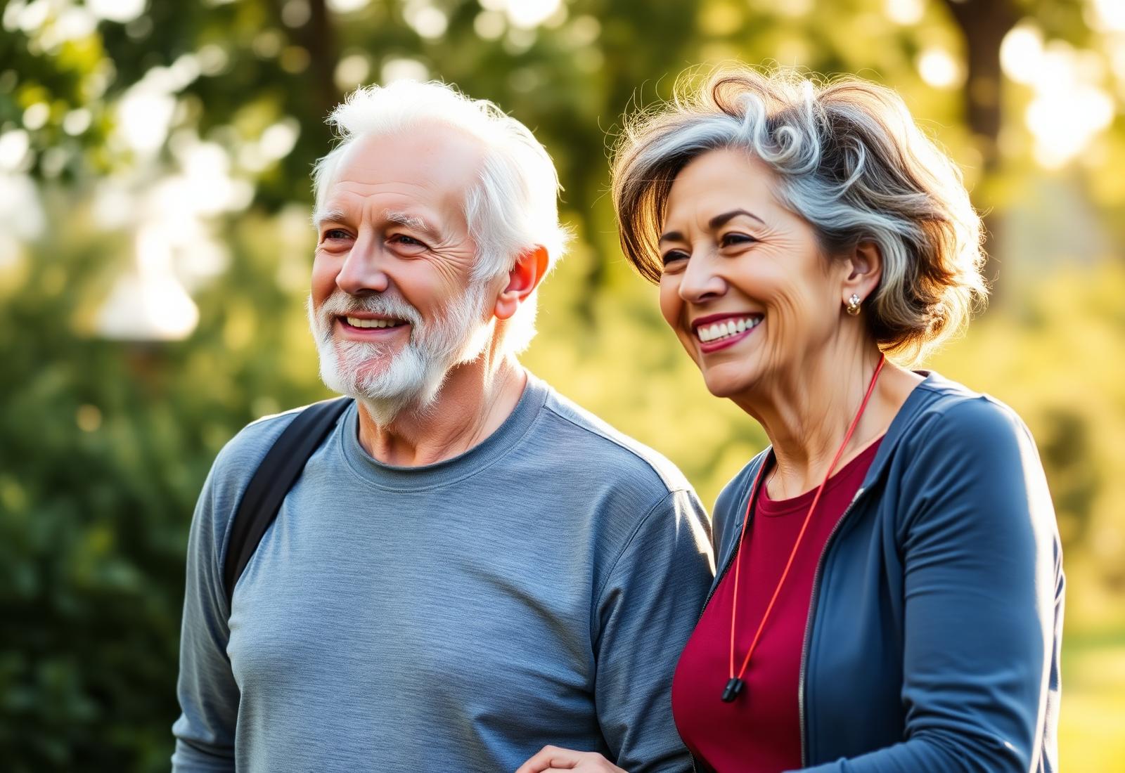 A healthy, active man and woman walking outdoors